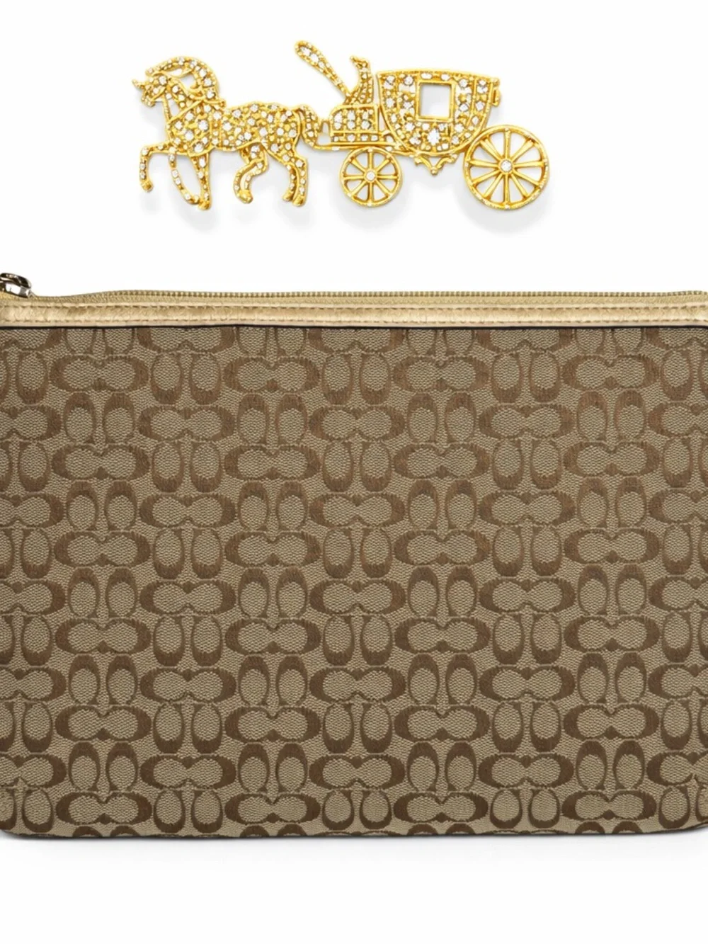 Coach Signature Tablet Sleeve Khaki Jacquard Gold Leather‎ 8.25 x 10.35